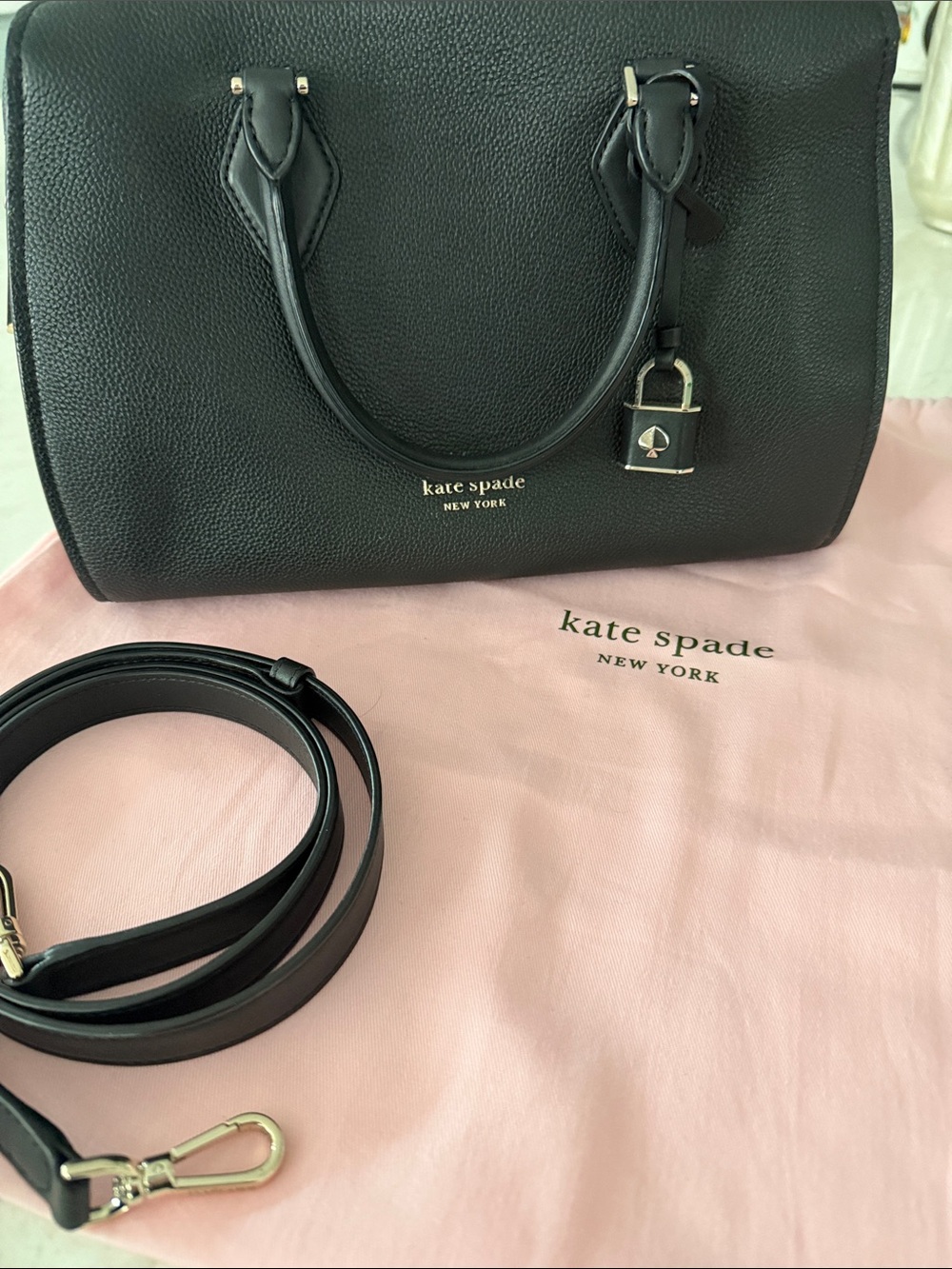 Kate Spade Black Pebbled Leather Satchel with Lock Charm